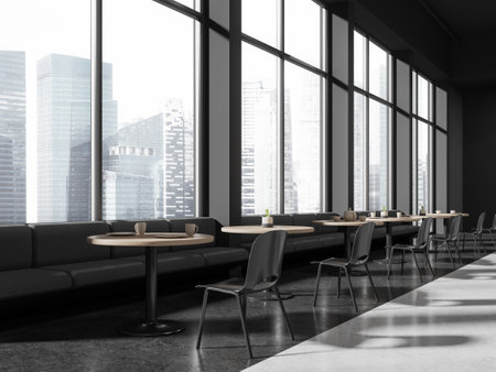 Dark coffee shop interior with chairs and tables in row, gray concrete floor. Minimalist cafeteria with sofa along panoramic window on Singapore skyscrapers. 3D renderingの写真素材