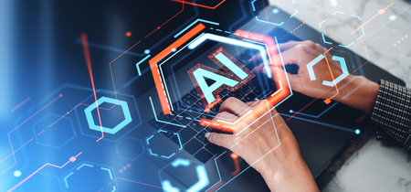 Businesswoman hands side view typing in laptop, AI hologram hud with hexagon cells and connection...