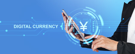 businesswoman finger touch tablet. Yen or yuan glowing currency icon and abstract circuit board double exposure. Concept of cryptocurrency exchange, trade and banking serviceの写真素材