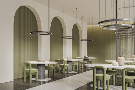 Interior of modern restaurant with white and green arched walls, stone floor, rows of round and oval tables with green chairs. 3d renderingの写真素材