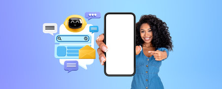 African woman finger pointing at smartphone with mock up empty display, ai chat bot communication...