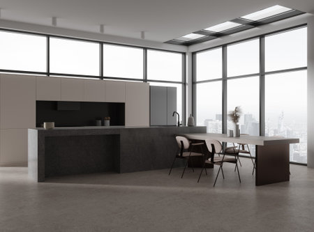 Cozy home kitchen interior with stone bar island and eating table, side view light concrete floor....