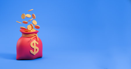Red money bag with dollar icon, falling gold coins on empty copy space blue background. Concept of loan, credit, investment or mortgage. 3D rendering illustrationの写真素材