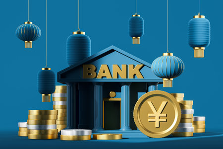 Blue cartoon bank with hanging lanterns in row, large gold yen or yuan coins in stacks. Concept of...