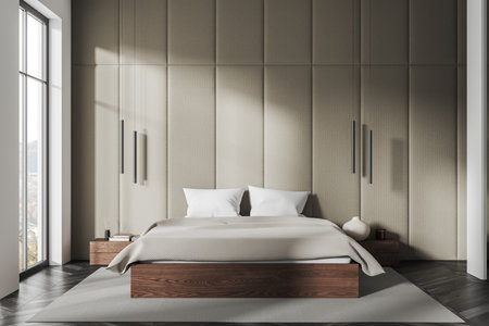 Beige home bedroom interior with bed and nightstand with decoration, carpet on gray hardwood floor. Sleeping room with panoramic window on the country side. 3D renderingの写真素材