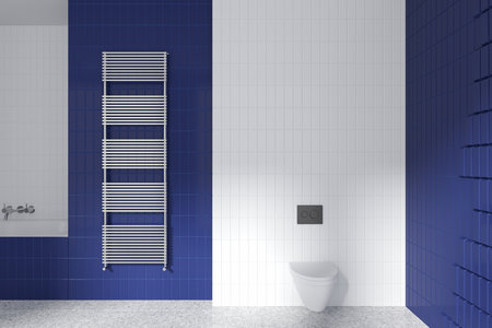Blue and white tile hotel bathroom interior with wall hung toilet, bathtub and towel rail. Luxury restroom and bathing space in contemporary apartment. 3D renderingの写真素材