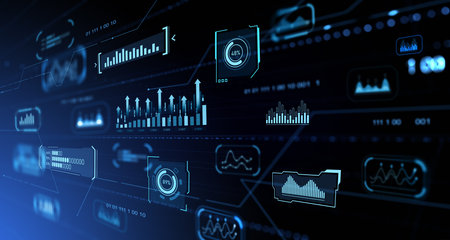 Digital business data dashboard, glowing chart with indicators. Internet marketing, KPI and financial analysis. Concept of research, infographic and statistics. 3D rendering illustrationの写真素材