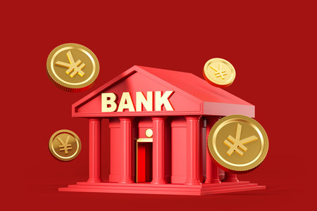 Red cartoon bank with columns, side view gold yen or yuan coins falling. Concept of asia, chinese or japanese currency, finance and deposit. 3D rendering illustrationの写真素材