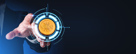 Hand of unrecognizable businessman using immersive futuristic CBDC coin interface over dark blue copy space background. Concept of Central Bank Digital Currencyの写真素材
