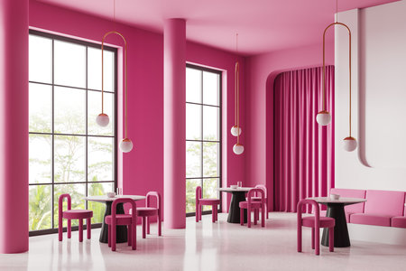 Corner of modern restaurant with bright pink and white walls, stone floor and comfortable round tables with chairs and sofas. 3d renderingの写真素材