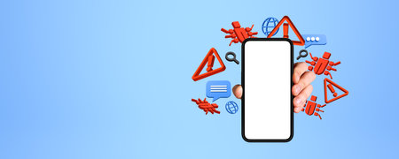 Hand of man holding smartphone with mock up screen and cybersecurity icons, bugs and malware and...