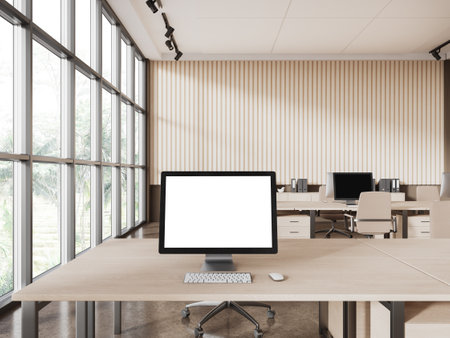 Beige office workspace interior with mock up pc computer blank screen, coworking furniture in row and sideboard with folders. Panoramic window on tropics. 3D renderingの写真素材