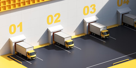 View of big white and yellow warehouse with gates and trucks for goods delivery. Concept of logistics and goods transportation and storage. 3d renderingの写真素材