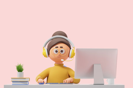 Cartoon character woman operator in headset, sitting with pc computer on table. Empty copy space background. Concept of hotline, customer support and service. 3D rendering illustrationの写真素材