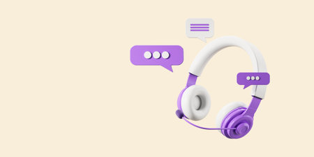 View of white and purple headset and speech bubbles over beige copy space background. Concept of customer support service, hotline and call center. 3d renderingの写真素材