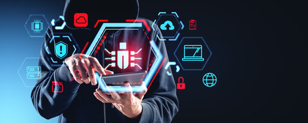 Young hacker in hoodie using tablet computer with double exposure of cybersecurity bug interface...