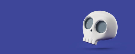 View of cute white and black Halloween scull over blue copy space background. Concept of Halloween celebration and spooky time. 3d renderingの写真素材