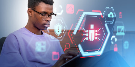 Black young man portrait typing in computer, bug detection and online security virtual screen hud,...