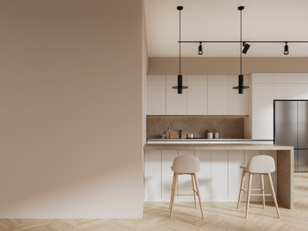 Interior of modern kitchen with beige walls, wooden floor, comfortable white cupboards, big refrigerator and cozy white island with stools. Copy space wall on the left. 3d renderingの写真素材