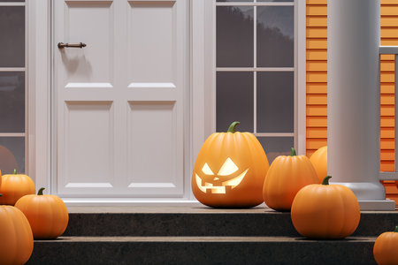 Scary smiling pumpkin at the house doorstep, stairs with column and front door. Concept of spooky time, halloween and decoration. 3D rendering illustrationの写真素材