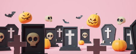 Scary cartoon halloween pumpkins and tombstone, skull and flying bats on pink background. Concept of celebration, jack lantern and holiday. 3D rendering illustrationの写真素材
