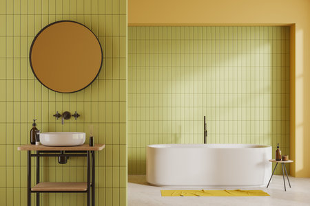 Green tile hotel bathroom interior with sink and mirror, partition and white bathtub with side table and accessories with carpet on light concrete floor. 3D renderingの写真素材