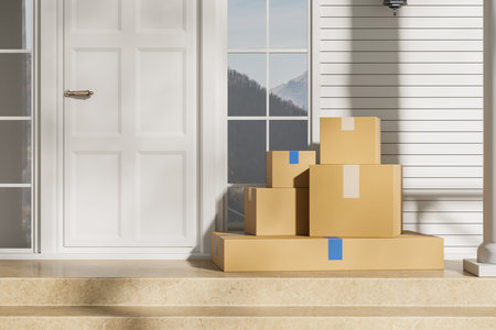 Closed cardboard boxes at the home doorstep, front view house door with parcels on stairs. Concept of delivery and courier. Mock up copy space. 3D rendering illustrationの写真素材