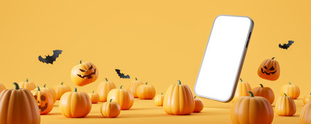 View of smartphone with mock up display over orange background with Halloween pumpkins and bats. Concept of Halloween application advertising and holiday sale. 3d renderingの写真素材