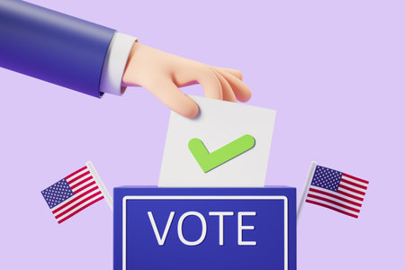 Cartoon character man hand put blank paper with green tick, blue ballot box with american flags. Concept of vote, US election and choice. 3D rendering illustrationの写真素材
