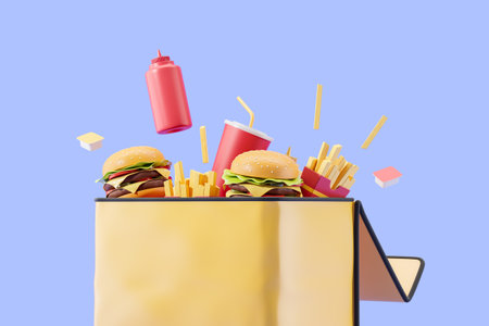 Mock up copy space yellow thermal backpack, burgers, sauce and French fries on blue background. Concept of fast food delivery and courier. 3D rendering illustrationの写真素材