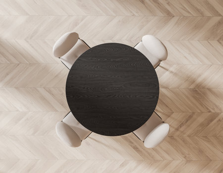 Top view of beige home living room interior with black wooden table and chairs, hardwood floor. Stylish dining room with minimalist furniture. 3D renderingの写真素材