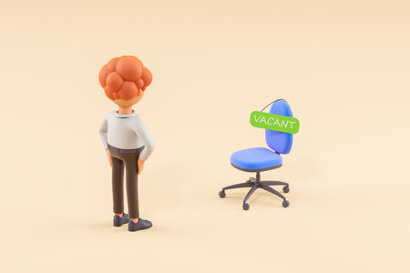 Cartoon character man rear view looking at armchair with vacant banner, beige background. Concept of career, unemployment and search for job. 3D rendering illustrationの写真素材