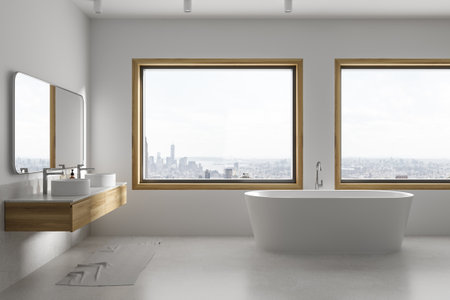 Elegant hotel bathroom interior with double sink and vanity, bathtub with stylish accessories. Two washbasins and panoramic window on New York skyscrapers. 3D renderingの写真素材
