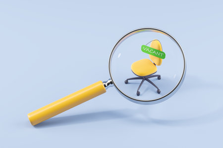 Large magnifying glass zoom in yellow office armchair, green signboard with vacant sign. Concept of career, human resources and recruitment. 3D rendering illustrationの写真素材