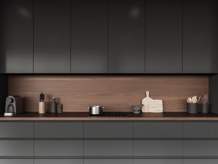 Dark home kitchen interior with stove and pot, coffee maker with kitchenware and dark shelves. Minimalist cooking space, cabinet in modern apartment. 3D renderingの写真素材