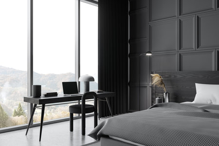 Dark home bedroom interior bed and work table with chair and laptop, side view gray concrete floor. Cozy sleep room with workspace and panoramic window on countryside. 3D renderingの写真素材