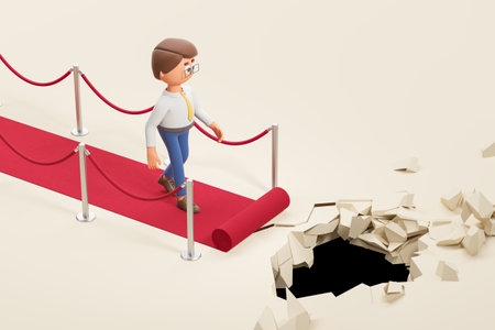 View of cartoon businessman walking on red carpet approaching deep pit. Concept of business failure and crisis. 3d renderingの写真素材