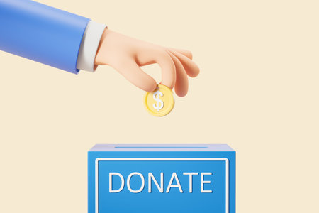 Character man hand puts a gold coin in a blue box for donations, beige background. Concept of giving money, charity and financial support. 3D rendering illustrationの写真素材