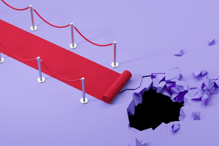 View of red carpet leading to deep pit over purple background. Concept of business failure and crisis. 3d renderingの写真素材