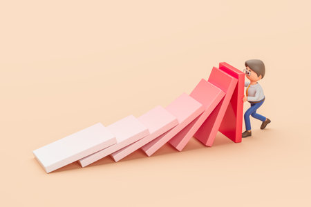 Top view of character businessman stopping falling domino, beige background. Concept of problem solving, risk, management, leadership. 3D rendering illustrationの写真素材