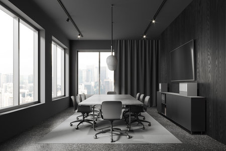 Dark meeting interior with armchairs and board, sideboard with tv screen. Luxury business conference space with curtain and panoramic window on skyscrapers. 3D renderingの写真素材