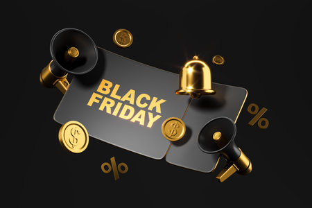 Black Friday coupon discount with percent sign and loudspeakers on dark background. Gold notification bell and falling coins. Concept of holiday and brand sale. 3D rendering illustrationの写真素材