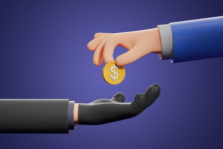 Cartoon character man holding out a coin to a scammer, hand in black glove on dark blue background. Concept of tricking people, fraud and swindling. 3D rendering illustrationの写真素材