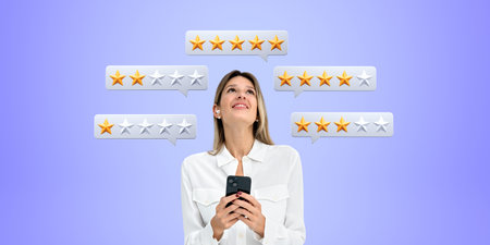 Happy business woman texting in phone, giving low or high rating online, speech bubbles with stars....