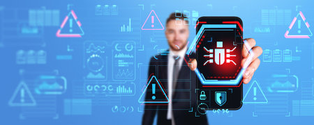 Businessman showing smartphone screen with bug detection, confidential information protection and...