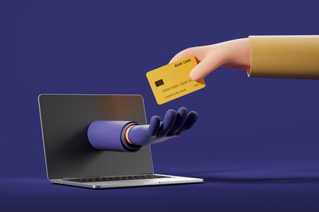 Cartoon character man gives a credit card to a scammer, hand in black glove from laptop screen....