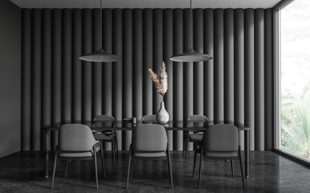 Dark dining room interior with table and chairs in row, gray granite floor. Stylish meeting or living room with panoramic window on tropics. 3D renderingの写真素材