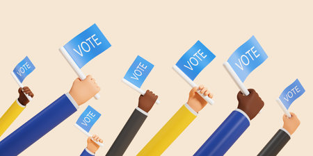 Multiracial cartoon man hands holding blue vote flags, beige background. Concept of election or...