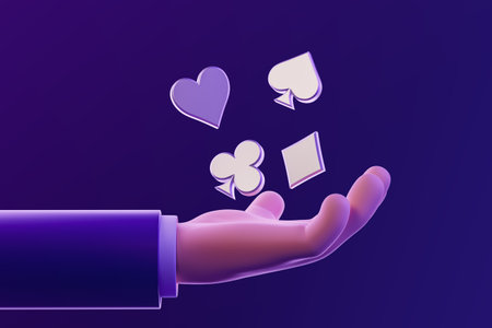 View of cartoon man hand with hovering playing card suits over purple background. Concept of casino, gambling, addiction and chance. 3d renderingの写真素材