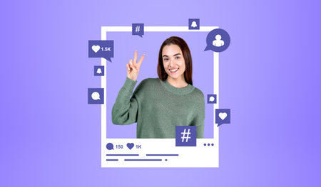 Portrait of smiling young European woman peace sign in photo frame with social media icons over purple background. Concept of social media and blogger influencerの写真素材